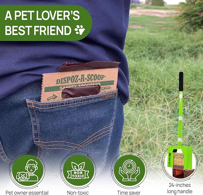 Dispoz-A-Scoop® Revolutionary 4-in-1 Dog Poop Scooper, 24" Handle & 8 Refill Bags - Fast, Easy, Clean with Disposable Bag Attachment, Just Scoop & "Pop" into trash. U.S.A, Always Stays Clean.