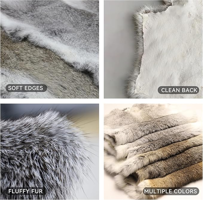Craft Rabbit Fur Pelt Skin Genuine Tanned Animal Hide with Sewing Quality Leather 12" by 14" for Decoration DIY Crafts Cat Dog Toys Fur Fabric（8Pcs, White）