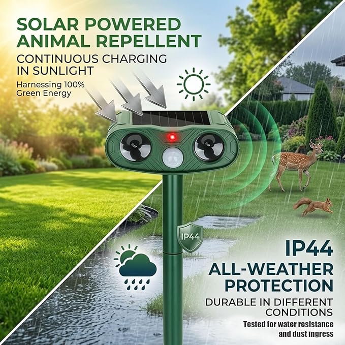 2026 Solar Ultrasonic Animal Repellent Outdoor Deer Repellent Devices, 4Pack Cat Repeller Motion Detection, Solar Animal Repeller Outdoor to Scare Squirrel Rabbit Repellent Deterrent for Yard Farm