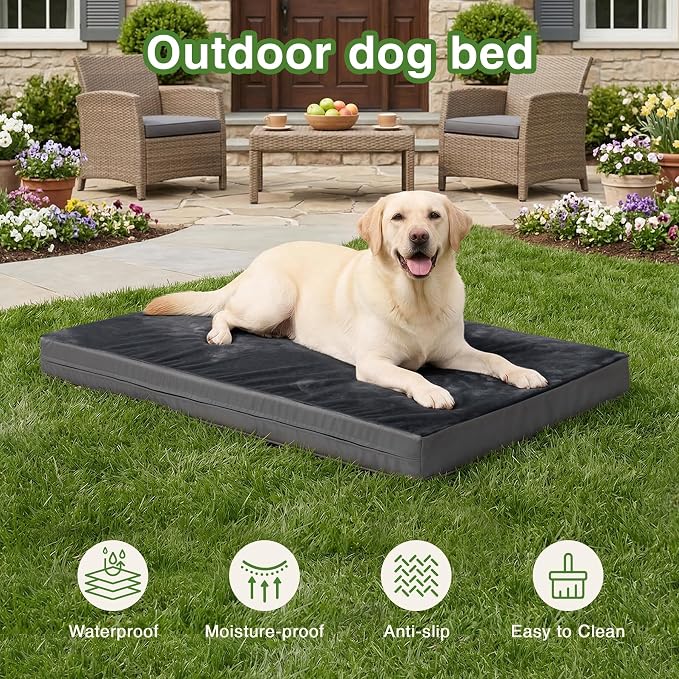Waterproof Dog Bed Large Sized Dogs, Orthopedic Washable Crate Pad 35"x22" | Outdoor Pet Bed Foam, Reversible Faux Leather & Flannel, Durable Removable Cover, Anti-Slip Bottom,Kennel Pad 36" Dark Gray
