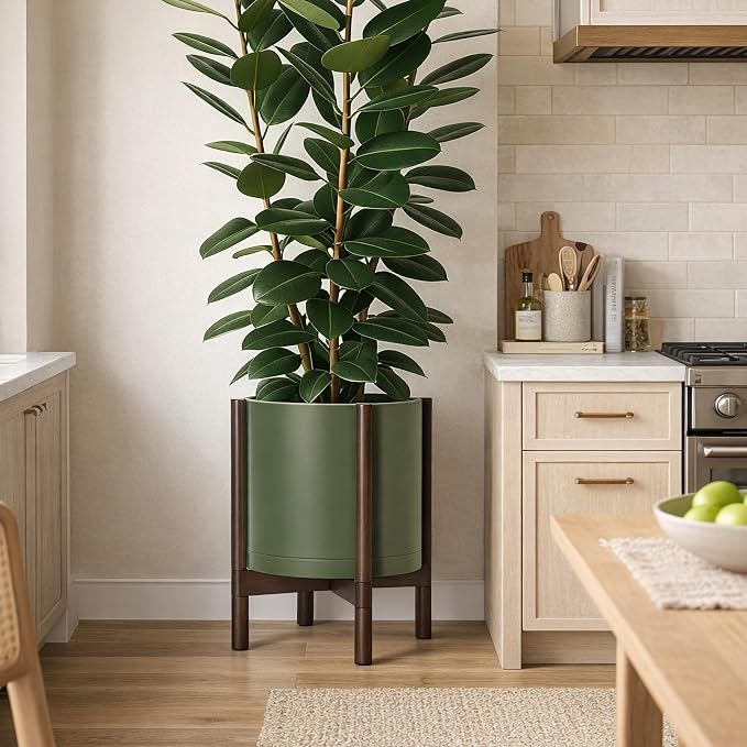 D'vine Dev Plastic Pot with Walnut Wood Stand, Olive, 14 in, 55-C-R-4 | Mid-Century Inspired Design, Elevated Plant Display, Clean Lines, Sturdy Support, Modern Space-Saving Style