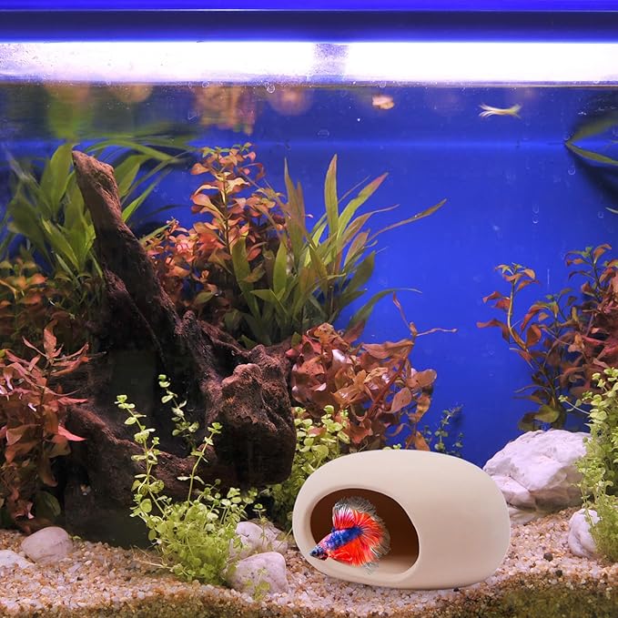 Saim Aquarium Decorations Ceramic Cave, Betta Fish Tank Accessories for Shrimp Cichlid Hiding Breeding Small Fish Bowl Hide Ornaments Betta Toys Hideout House - Natural Color