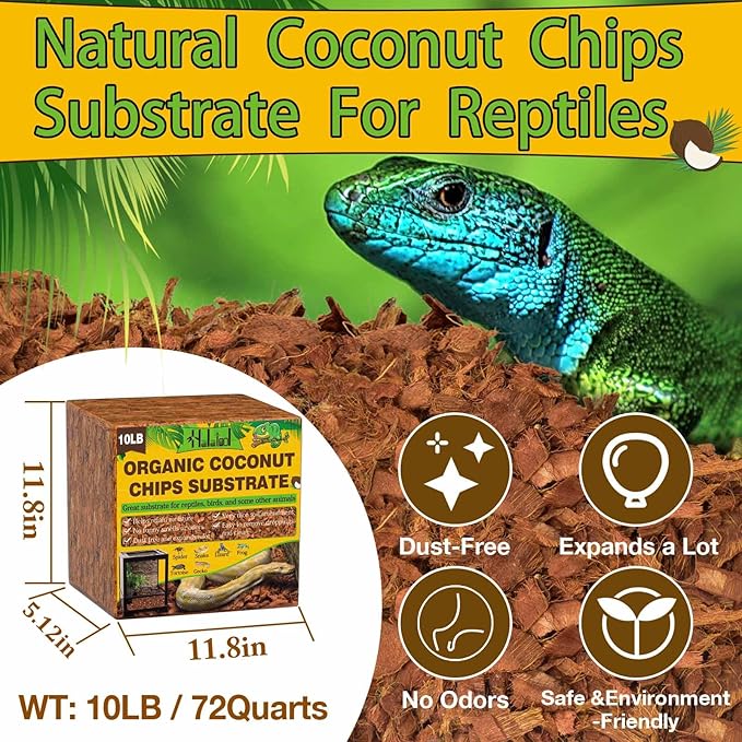 Halatool 10 LB Coconut Chips Substrate for Reptile, 72QT Natural Coconut Husk Coco Cypress Mulch Aquarium Terrarium Bedding for Corn Snake Ball Python Tortoise Frog Gecko Hermit Crab Reptile Tank