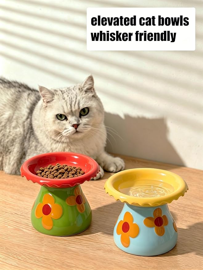 Mushroom Elevated Cat Bowls Ceramic, Cute Cat Bowls Whisker Fatigue | Raised Cat Bowl for Indoor Cats, Raised Dog Bowls Stand for Food and Water, Yellow 5.8" Wide for Adult Cats