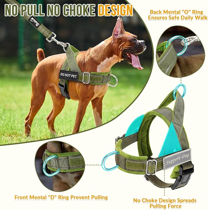 SlowTon No Pull Dog Harness with Front Clip - Heavy Duty, Soft Padded | Neck & Chest Adjustable, Tactical Pet Vest and Leash Set for Large Medium Sized Dogs, for Easy Walk & Training, Green XL