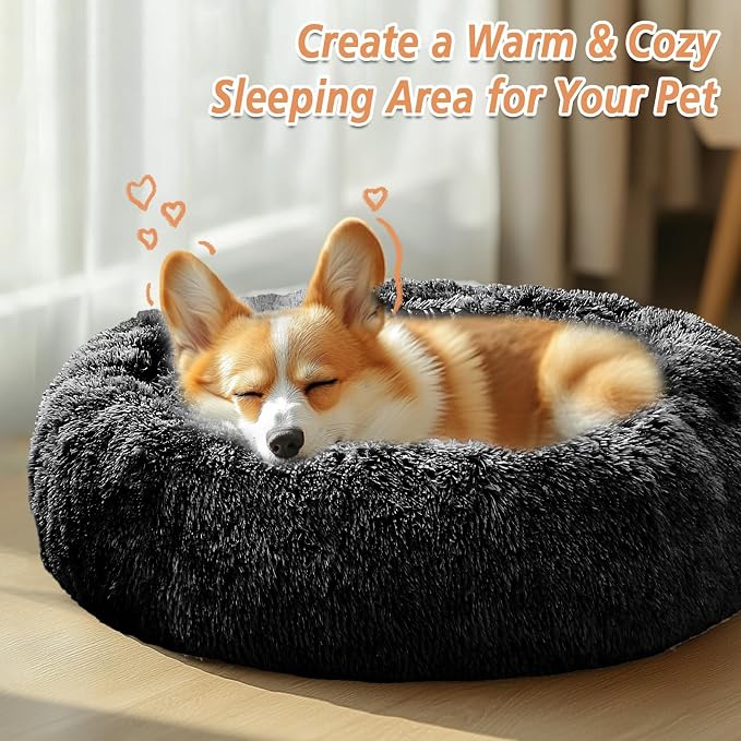 JOLLYVOGUE Calming Dog Bed Medium Size Dog, 31in Donut Washable Medium Pet Bed, Anti-Slip & Anti-Anxiety Fluffy Faux Fur Round Dogs Bed, Fits up to 45 lbs Pets (Black)