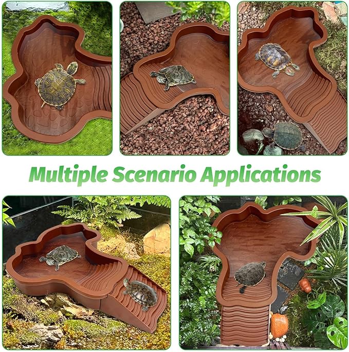 PINVNBY Large Reptile Bathing Pool Tortoise Water Dish with Removable Ramp and Leaf Reptile Food Dish & Water Bowl Tortoise Habitat Accessories for Turtle Lizard Gecko Snake (Red)