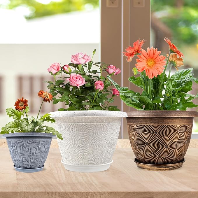 Fodetyff 16 Inch Large Planter Pot for Plants Indoor Outdoor, 4 Pack Plastic Flower Pots with Drainage Hole & Tray, Modern Decorative Garden Pot with Saucer, Plant Container for House