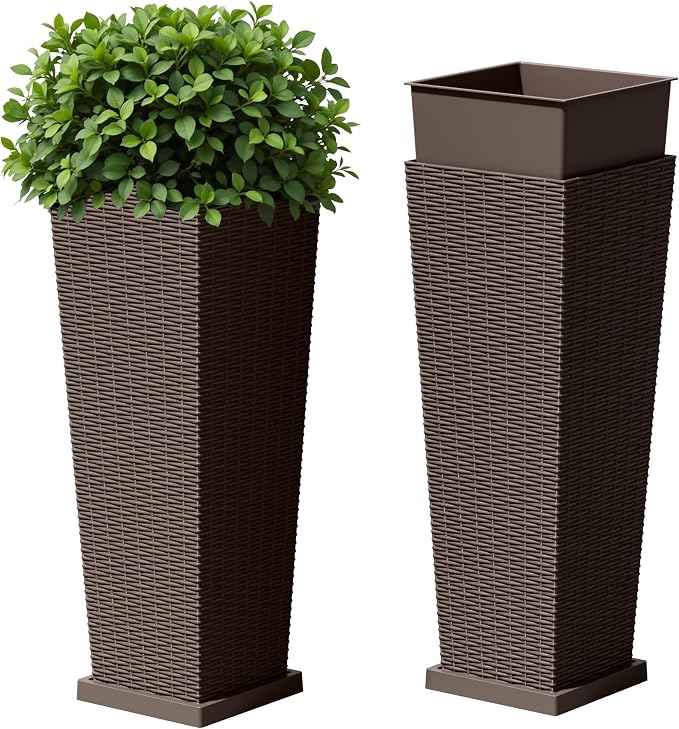 Devoko Resin Tall Planters for Outdoor Plants Set of 2, Large Taper Outdoor Planter Pots with 4 Drainage Holes, Flower Pots Modern Decor for Porch, Patio, Backyard, Garden(Brown, 32" with Trays)