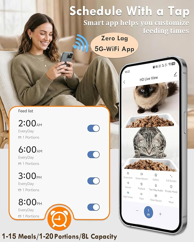 Yakry Automatic Cat Feeder for 2 Cats - Two HD Cameras Easy Setup 5GHz Stable WiFi Dog Food Dispenser with HD Night Vision - 8L Pet Feeder with Dual Bowls for Multi-Cat & Small Dogs Indoor