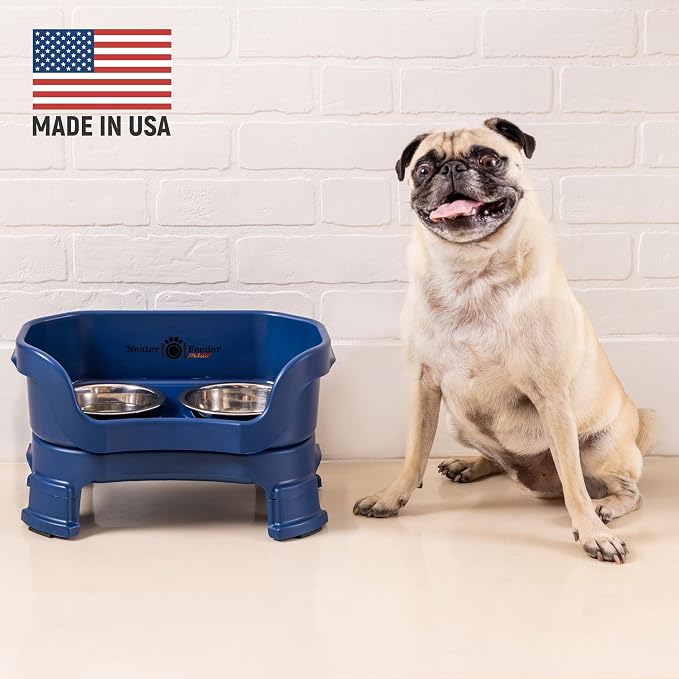 Neater Feeder Deluxe Mess-Proof Elevated Dog Bowls for Small Dogs (Up to 19 lbs), 2 Height Adjustable (6” & 7.5”) No-Spill Raised Dog Bowl Stand, Stainless Steel Food Bowl Set, Made in USA, Dark Blue
