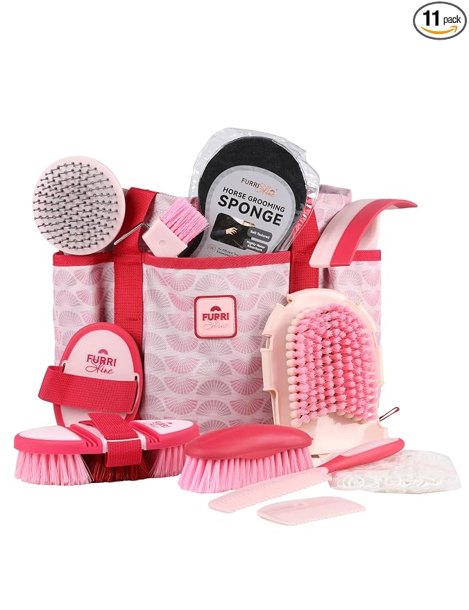 11-Piece Horse Grooming Kit with Waterproof Tote Pink Garnet | 10 coordinated horse grooming tools with comfort-grip designs and a spacious waterproof tote for complete horse grooming