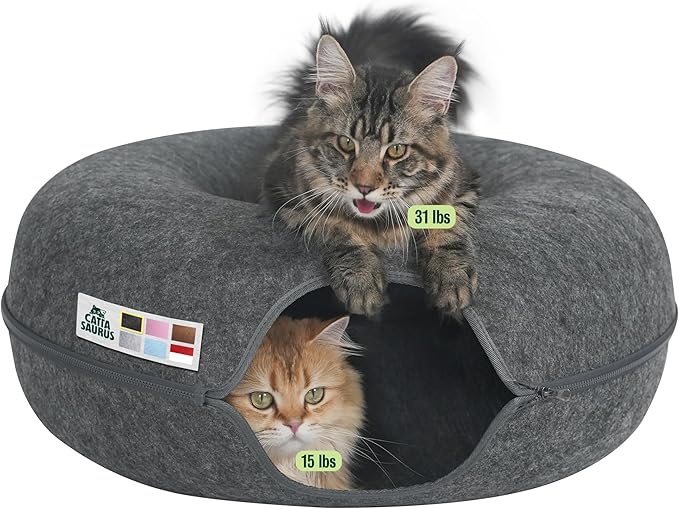 Peekaboo Cat Cave Donut for Multiple & Large Cats up to 30-45 lbs, 3-in-1 Self Warming Cat Bed, Tunnel & Scratcher for Indoor Cats, Washable & Detachable Small Dog Bed (Dark Gray, Jumbo)