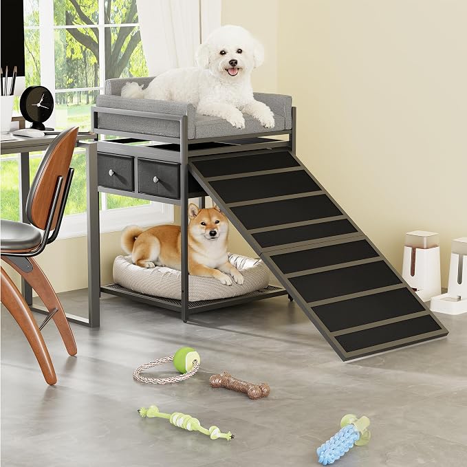 kepptory Dog Sofa with Window Perch & Retractable Dog Stairs, 2‑Tier Pet Bunk Bed with Storage Drawers, Multi‑Function Pet Furniture for Small Medium Dogs Cats, Supports 110 lbs, Easy Assembly
