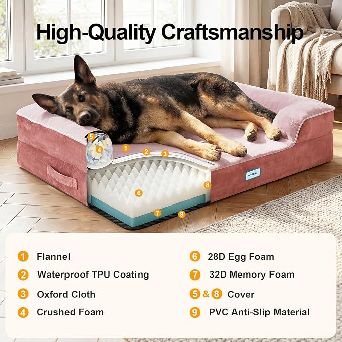 OhGeni Orthopedic Extra Large Dog Bed Couch, Memory Foam, 44-inch (Pink) | Waterproof Pet Bed with Machine-Washable Removable Cover & Soft Comfortable Fabric