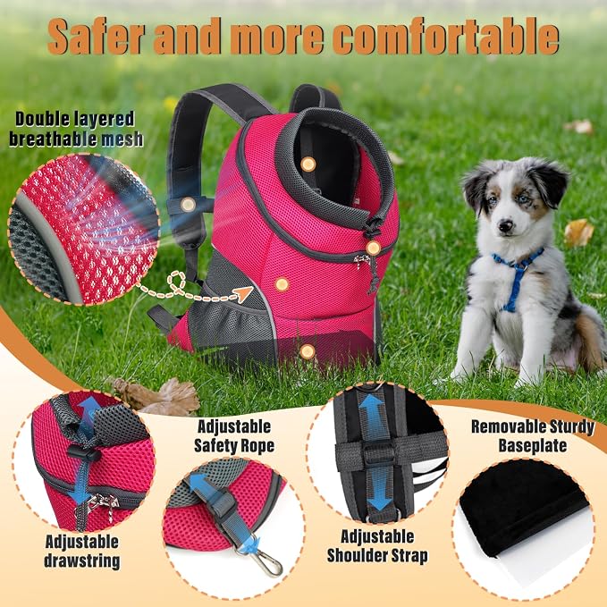 YUDODO Dog Front Carrier Backpack, Adjustable Breathable Dog Backpack | Ventilated, Safety Belt, Lightweight, Reflective Strip, Pocket Storage, For Walking Hiking Outdoor, Rose, L
