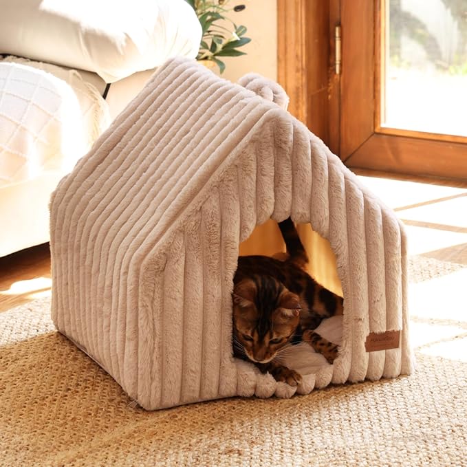 FUKUMARU Cat Bed Cave, Enclosed Washable Covered Dog Bed with Support Frame | Large Cat House for Indoor Cats, Cozy Cat Hideaway for Anxious Cats, Soft Plush Faux Fur Cat Tent Bed, Non-Slip Bottom