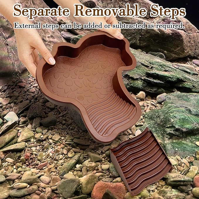 7 Pcs Reptile Bathing Pool 2-in-1 Tortoise Water Dish with Ramp Large Turtle Feeding Bowl with Steps Gecko Habitat Decoration Accessories Lizard Bath Tub