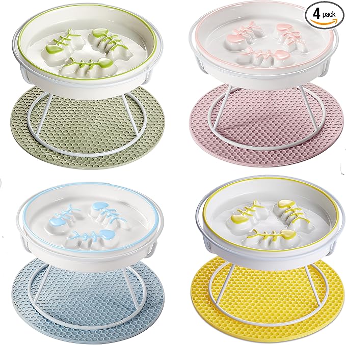Raised Cat Dog Slow Feeder Bowl with Stand, Cat Slow Bowl for Wet Food and Dry Food, Stop Vomit and Choking, Slow Down Eating Speed, Ceramic Elevated Slow Cat Bowls, Whisker Friendly Pet Puzzle Feeder