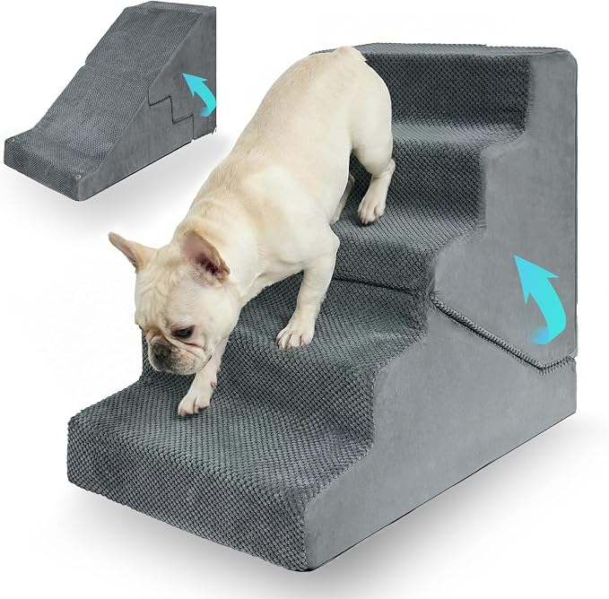 Dog Stairs for Small Dogs 22" H, 2-in-1 Transformable 5-Step Pet Stairs and Ramp, Dog Steps for Bed with Non-Slip Bottom and Washable Cover(Gray)