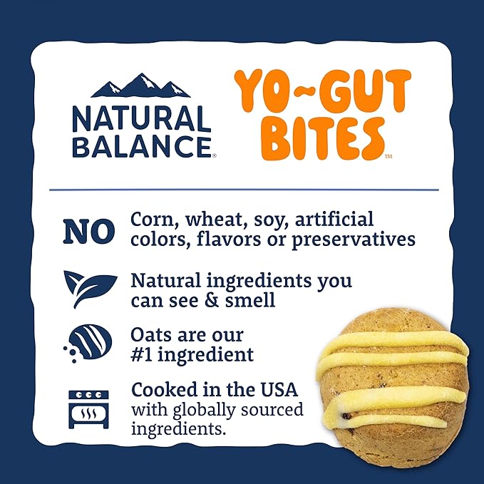 Natural Balance Yo-Gut Bites Crunchy Dog Treats with Real Pumpkin & Cranberries, Greek Yogurt Drizzle, Probiotics for Digestive Support, 4.5oz Bag