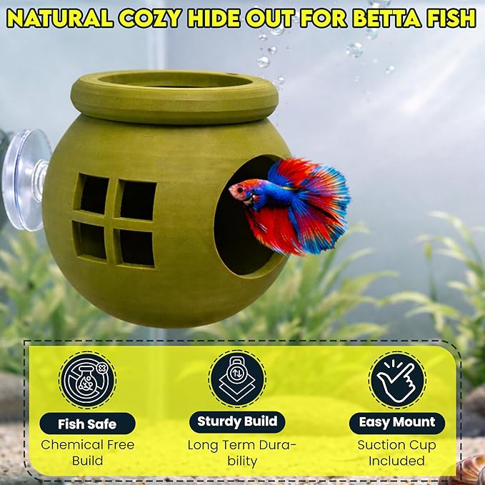 Floating Cozy Betta House, Natural Floating Betta Hide Out, Aquarium Fish Hammock, Relaxing & Stress Relief, Suction Cup Included, 2.9" W x 2.6" H (Olive Green)