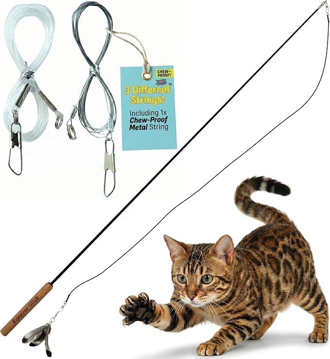 Forever Stick and 3 Strings including Chew Proof Metal Wire - The Unbreakable Cat Wand Toy, Durable Cat Toy Wand, Extra Long Cat String Toy, Cat Fishing Pole Toy for Bored Indoor Adult Cats, Stick Toy