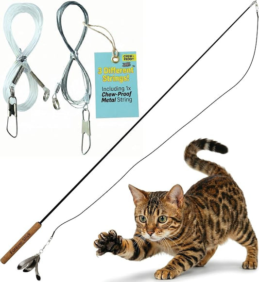 Forever Stick and 3 Strings including Chew Proof Metal Wire - The Unbreakable Cat Wand Toy, Durable Cat Toy Wand, Extra Long Cat String Toy, Cat Fishing Pole Toy for Bored Indoor Adult Cats, Stick Toy