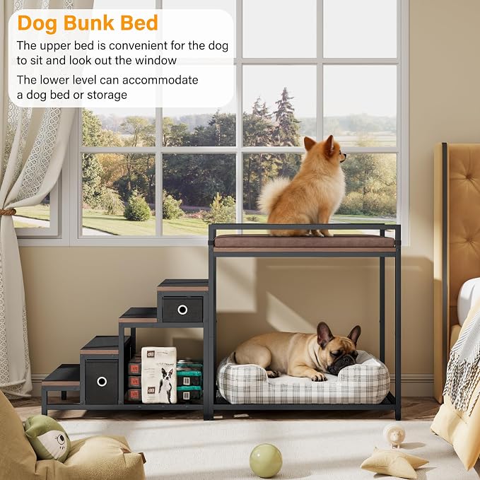 kepptory Dog/Cat Window Perch with Stairs and Seat Cushion, Pet Bunk Bed with Storage Drawers, Bedside Dogs Cot for Small, Medium Cats & Dogs, Pet Stairs Ramp(Brown)