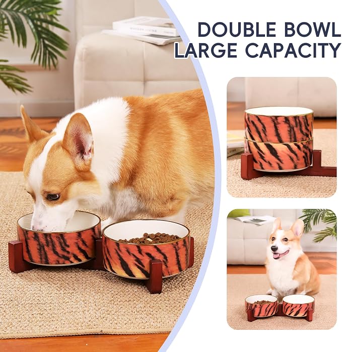 Dog Bowl Set with Wood Stand, Non-Slip Anti-Tip Elevated Design, Double Ceramic Animal Food Water Cat Bowls, Suitable for Large/Medium Sized Dog Pet Feeder Dish Station - 32 OZ, Tiger Stripe