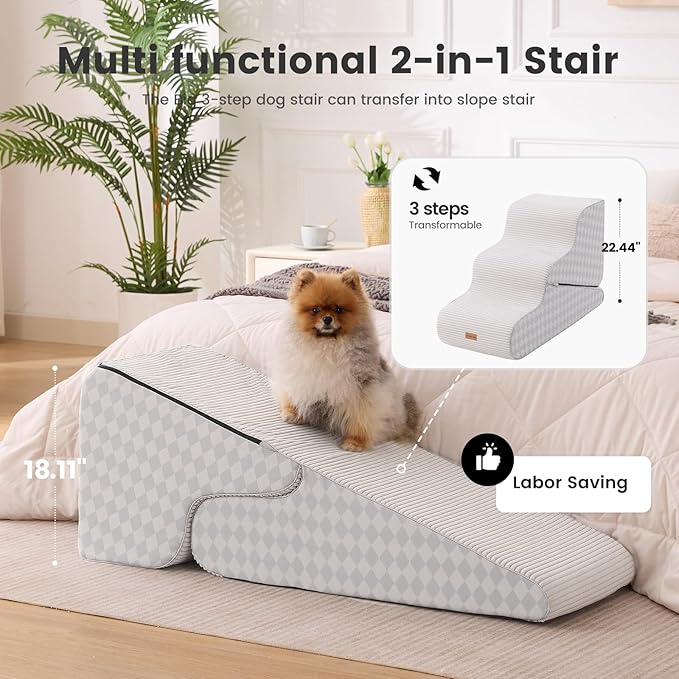 Gardner Pet Dog Stairs for Small Dogs 22.4" H, Large 2 in 1 Transformable 3-Step Pet Stairs and ramp, Dog Steps for High Bed (22-27") with Non-Slip Waterproof Cover CertiPUR-US Certified Foam,Checked