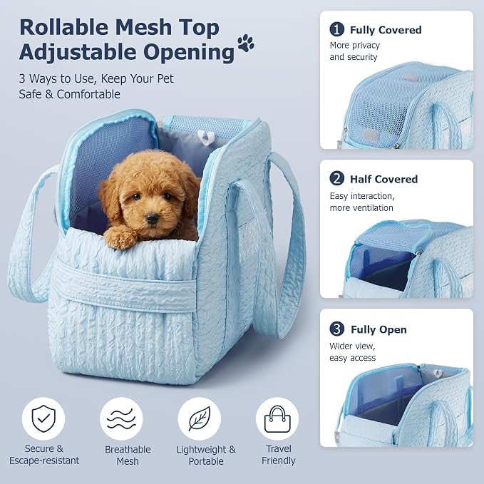 Dog Carrier Tote Bag, Foldable Soft Sided Breathable Mesh Lightweight Travel Handbag with Padded Handles, Lace Decor Portable Pet Purse for Small Puppy Kitten Cat Up to 15 Lbs (Blue)