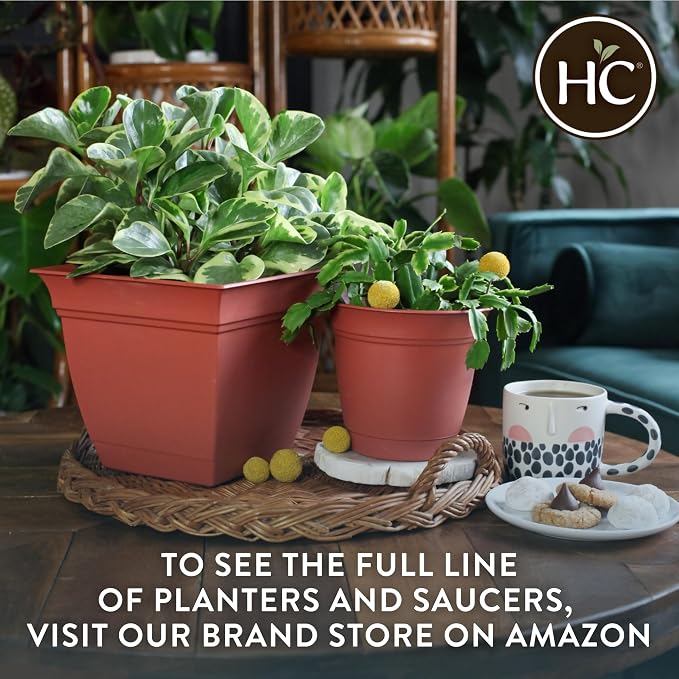 The HC Companies 6 Inch Eclipse Round Planter Pots with Drainage Holes & Attached Saucer, Lightweight UV-Resistant Plastic Indoor Outdoor Planters, 4-Pack Flower Pots for Garden Home Decor, Warm Gray