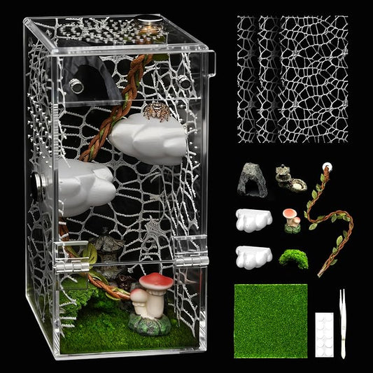 AZV Small Jumping Spider Enclosure Clouds Kit,Escape Proof Praying Mantis Habitat,Magnetic Door Arboreal Tarantula Terrarium Ventilation Spider Cribs,Transparent Acrylic Reptile Tank,Bug,Snail House