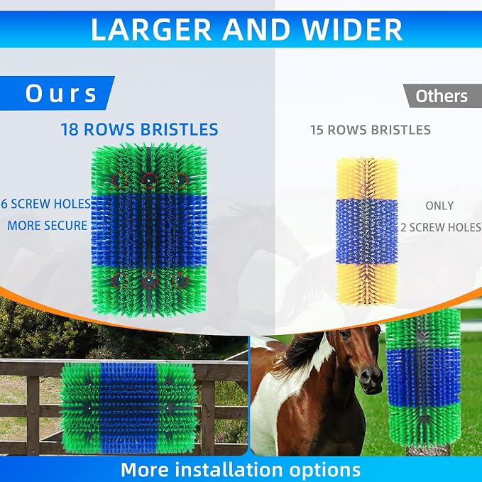 Extra Large Size Livestock Scratching Brush, Upgraded Horse/Goat/Cow/Cattle Scratcher Brush for Grooming, Itch Relief Horse Scratcher Brushes Kit with Two Sets of Mounting Screws(2-Pack,Green)
