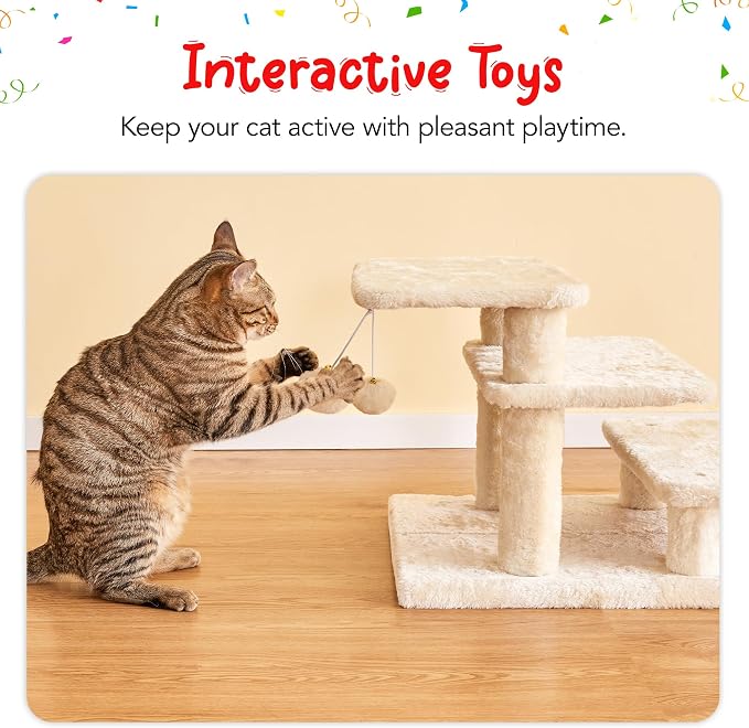 15''H Multi-Step Pet Stairs for High Beds & Sofas, 3-Step Cat Stairs with 2 Toy Balls, Wide Boards for Indoor Kittens Dogs Pets Climbing, Beige