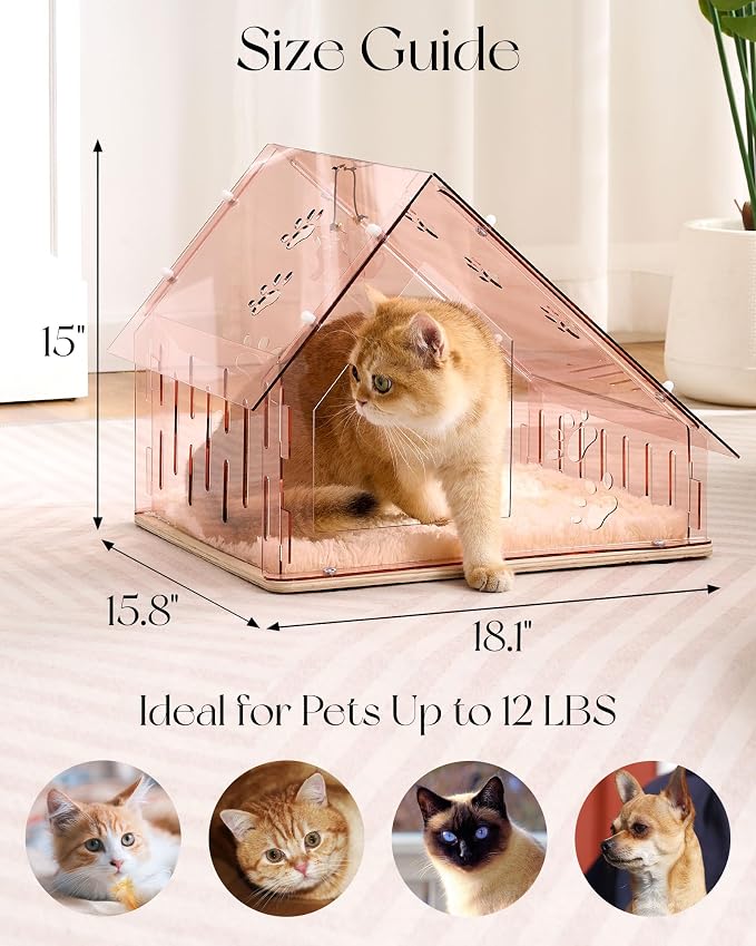 Acrylic Cat House for Indoor Cats, Transparent Cat Bed Cave with Plush Cushion & Hanging Toys, Modern Ventilated Cat Condo with Sturdy Wooden Base for Adult Cats & Kittens up to 12 lbs, Pink