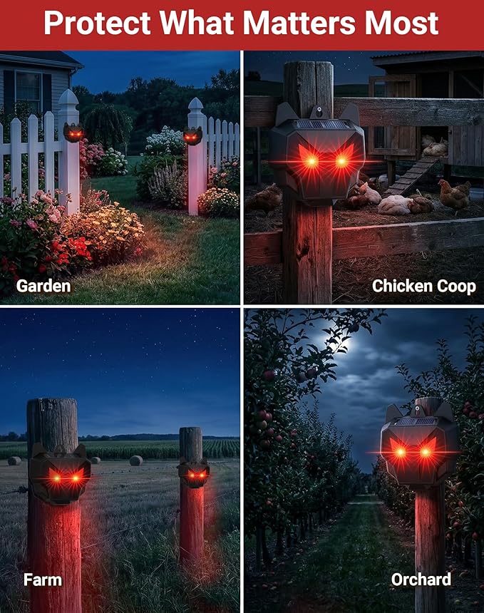 4 Pack Solar Nocturnal Animal Repeller with Red Flashing Lights, Humane Coyote Deterrent for Fox Raccoon Skunk Deer, Waterproof Predator Eyes Animal Deterrent for Chicken Coop & Garden
