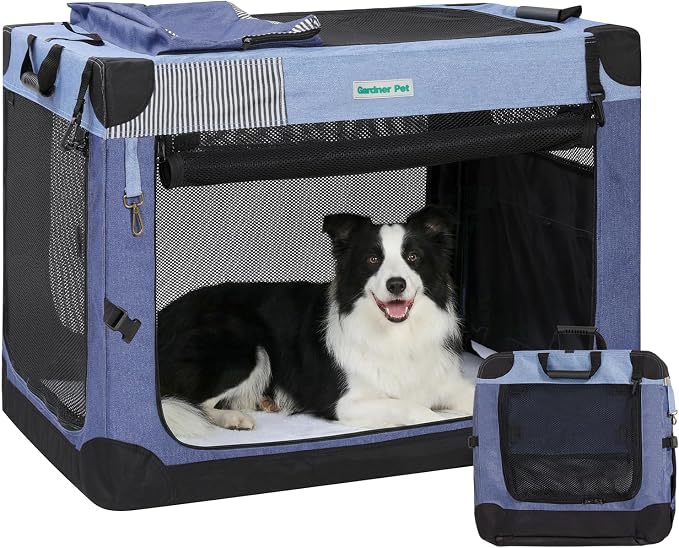 Gardner Pet Soft Collapsible Dog Crate - 36 Inch Portable Travel Dog Crate for Medium/Large Dogs Indoor & Outdoor, 3-Door Pet Crate with Durable Mesh Windows & Storage Bag, Blue