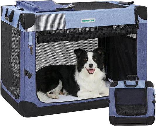 Gardner Pet Soft Collapsible Dog Crate - 36 Inch Portable Travel Dog Crate for Medium/Large Dogs Indoor & Outdoor, 3-Door Pet Crate with Durable Mesh Windows & Storage Bag, Blue