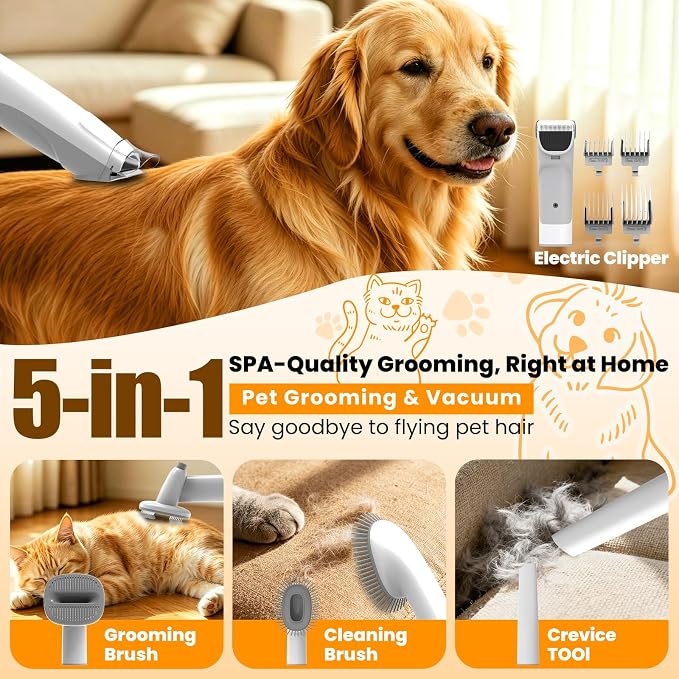 Dog Grooming Kit with Vacuum, 12000Pa Pet Electric Clipper & Cleaning Brush | PG01 All-in-One Pet Grooming Kit, Low-Noise Dog Vacuum for Shedding Grooming, Pet Hair Remover Vacuum