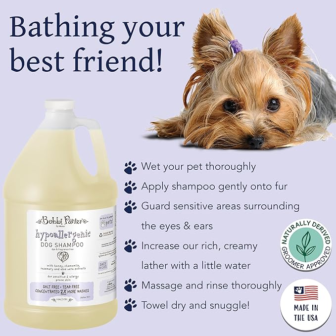 Bobbi Panter Hypoallergenic Dog Shampoo Honey, Aloe Vera, Chamomile & Rosemary – Dye & Fragrance Free Natural Formula for Sensitive & Allergy Skin, Tear-Free, 30:1 Concentrate, 1 Gallon (Case of 4)