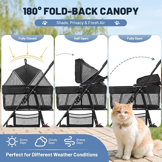 Dog Stroller for Small Dogs, Panoramic Mesh Pet Cat Stroller with Detachable Carrier, Foldable Pet Stroller up to 35 lb, with Safety Tether, Puppy Doggie Stroller for Medium Dogs 20 lbs Black