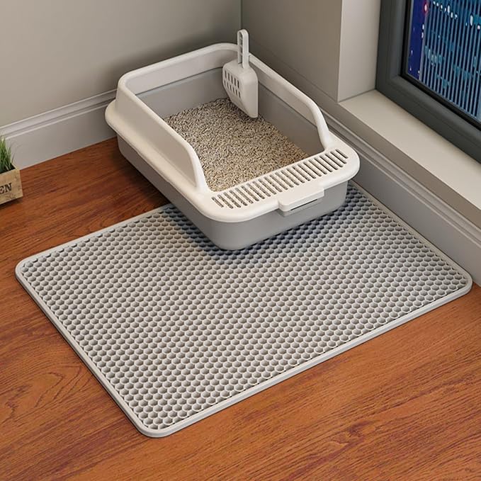 HCY&WLD 2-Pack Cat Litter Mat, Double Layer Honeycomb Waterproof Urine Proof Non-slip Litter Trapping Mat, Less Waste, Easy to Clean Cat Litter Box Mat, Kitty Indoor Supplies (Gray, 24x18 Inches)