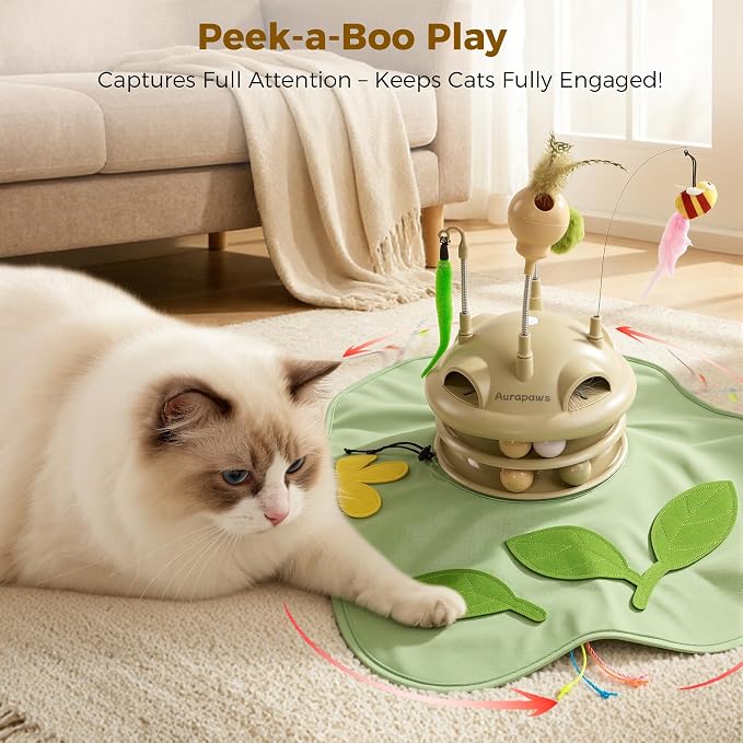 Cat Toys Rechargeable, 6-in-1 Automatic Interactive Cat Toys | Touch Activated Hide and Seek,Moving Feather,Spring Teaser,Treat Dispensing,Dual Track Balls with Chirping for All Breeds
