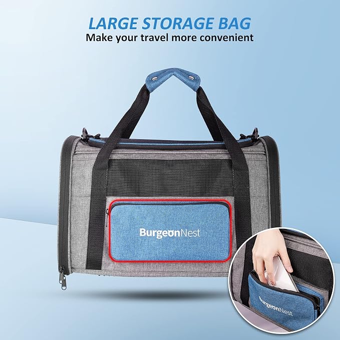 BurgeonNest Pet Carrier for Large Cats, Soft-Sided Cat Carrier for Big Cats and Small Dogs Up to 20 lbs, Top Loading Collapsible Escape-Proof Travel Cat Bag with 4 Mesh Windows & Side Storage, Grey