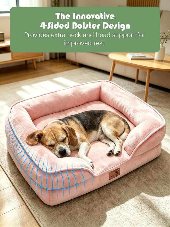 Spotted Play Orthopedic Dog Bed with Sides - Sofa Beds for Medium Dogs, Supportive Foam Pet Couch Bed with Washable Removable Cover, Waterproof Lining and Non-Slip Bottom, Pink - M