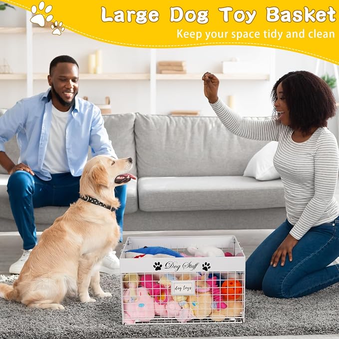 Bfttlity Dog Toy Basket Large Metal Toy Box Storage for Dogs Toys, White | Dog Toy Bin with Handles for Living Room Storage Dogs Chew Pets Toys, Blankets, Clothes, Food