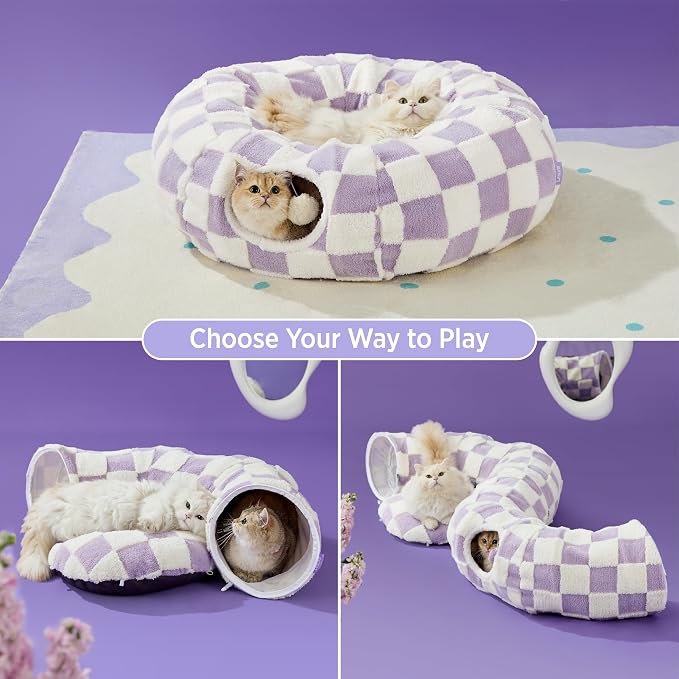Lesure Donut Cute Jacquard Cat Tunnel Bed Kitten Toys for Puppy Bunny | 33.5x33.5x10in,Round Cat Bed Tube for Indoor Cats Rabbit Dog,Pet Peekaboo Cave Toy,Spiral Hideaway,Washable Cushion,Lavender