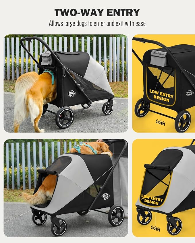 Dog Stroller for Large & Medium Dogs, 4 Wheels Pet Stroller for Large Dogs up to 120lbs, Extra Large Dog Stroller with Foldable Design, Sun Shades, Storage Pocket, Breathable Mesh
